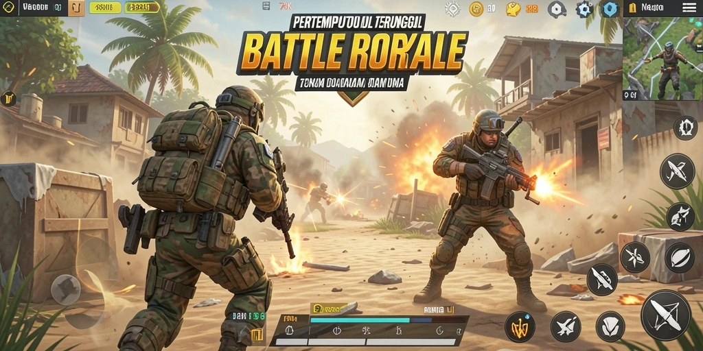 Screenshot gameplay 73K menunjukkan aksi mendebarkan Battle Royale.
