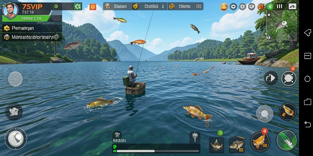 Screenshot 7SVIP menampilkan pemain sedang memancing dengan panorama alam yang indah.